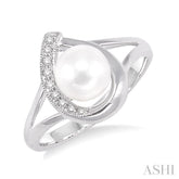 6.5 MM Round Shape Cultured Pearl and 1/20 ctw Round Cut Diamond Ring in 14K White Gold